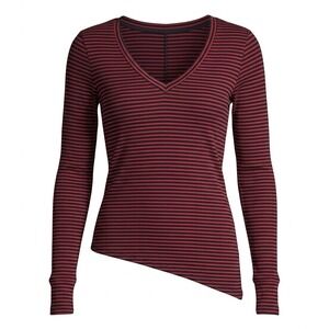 Sundays Zero Red Black Striped V-Neck Long Sleeve Top Asymmetrical Hem Size M
